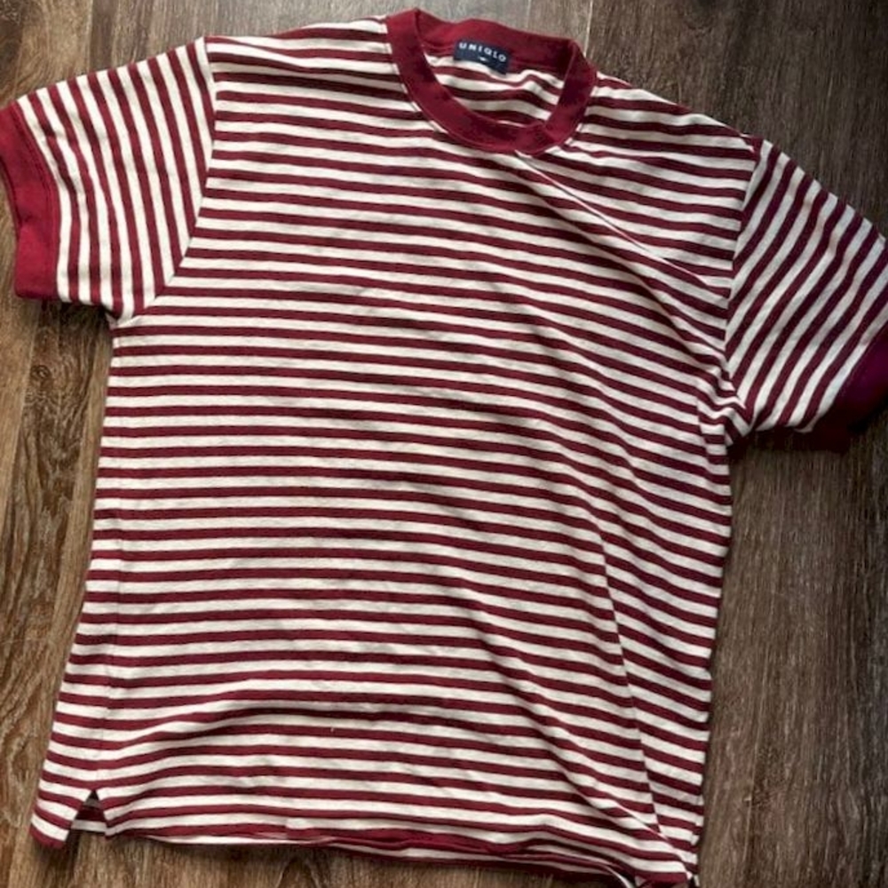 Uniqlo Burgundy and Cream Striped Tee
